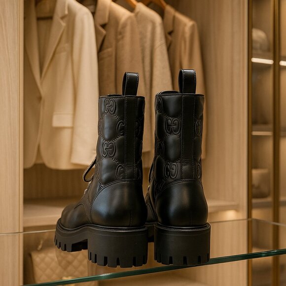 Gucci Quilted-Logo Leather Combat Boots - Picture 2 of 8